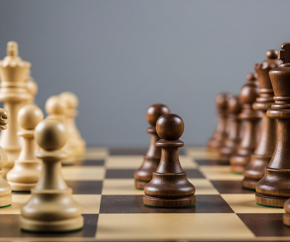 Drewniane figury szachowe rozstawione są na szachownicy o naprzemiennych jasnych i ciemnych polach. Na pierwszym planie, po lewej stronie, widoczne są białe figury, w tym wieża i skoczek, oraz dwa piony. Po prawej stronie, nieco dalej, rozmieszczone są ciemnobrązowe figury, z królem i wieżą na pierwszym planie, otoczone innymi figurami. Tło stanowi jednolita, gładka, szara powierzchnia.