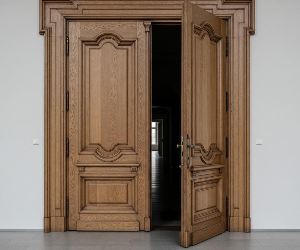 Na pierwszym planie, centralnie, znajdują się masywne, rzeźbione, podwójne drzwi z jasnego drewna, stylizowane na klasyczne. Lewe skrzydło jest zamknięte, a prawe uchylone, ukazując ciemny korytarz za nim, z widocznym w głębi oknem wpuszczającym światło. Drzwi otoczone są bogato zdobioną futryną z tego samego drewna, a ich powierzchnia posiada wyraźne słoje oraz liczne panele o profilowanych krawędziach i łukowych kształtach. Po obu stronach drzwi rozciąga się gładka, jasnoszara ściana, na której z lewej strony widoczny jest biały, okrągły włącznik światła. Podłoga wykonana jest z ciemnoszarych płytek, a wąski ciemny pasek listwy przypodłogowej oddziela ją od ściany.