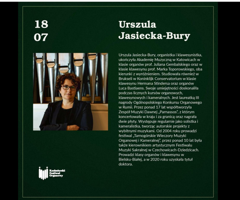 Portret Urszuli Jasieckiej-Bury na tle piszczałek organowych. O Kazimierskim Festiwalu Organowym słuchaj w Radioplus.