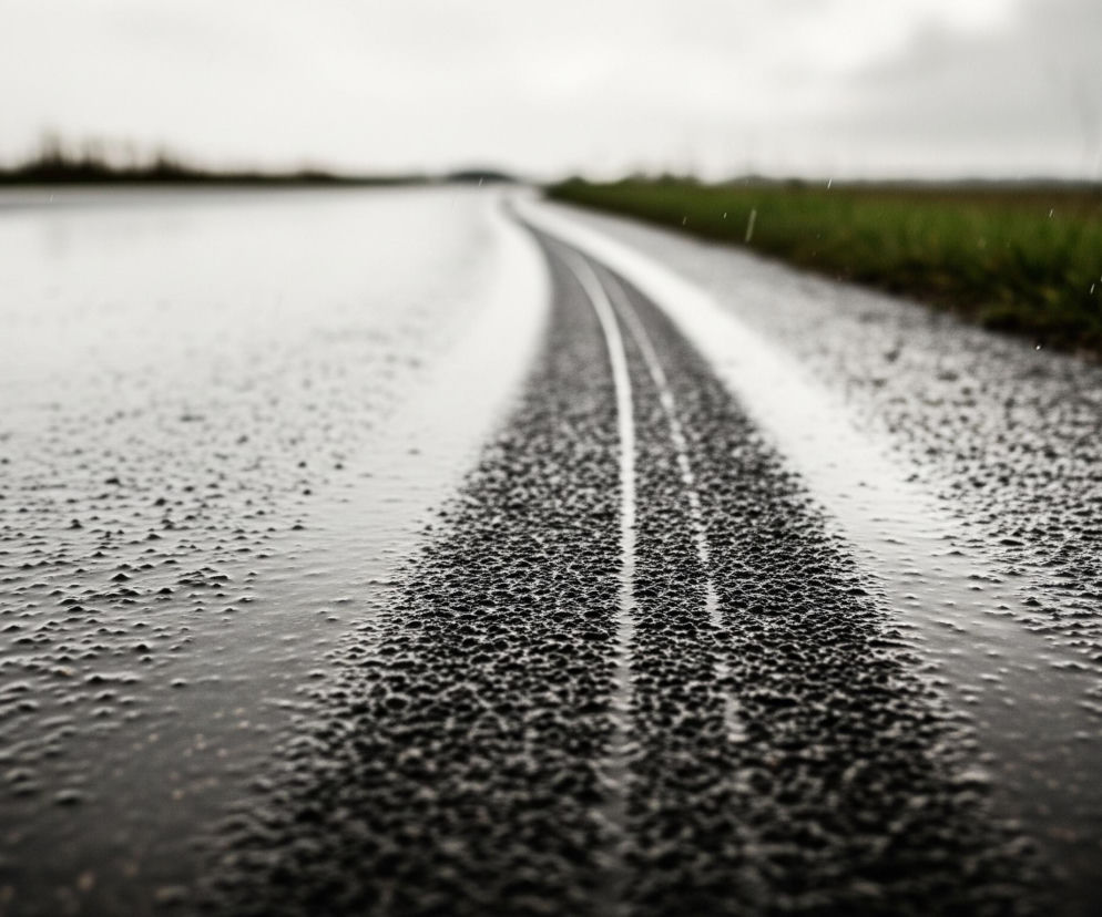 Na pierwszym planie widoczna jest mokra asfaltowa droga, pokryta licznymi bąbelkami i kałużami, z podwójnymi, jasnymi liniami odbicia na środku, biegnącymi w głąb obrazu. Po prawej stronie drogi rośnie zielona trawa, a horyzont jest zamglony, dominują szarości i biel nieba. Niewielkie, białe smugi spadającego deszczu są dostrzegalne na całym kadrze.