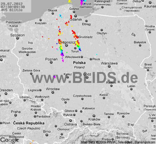 Burze w Polsce, 29.07.2012 - MAPA z godz. 7.30 - 9.30