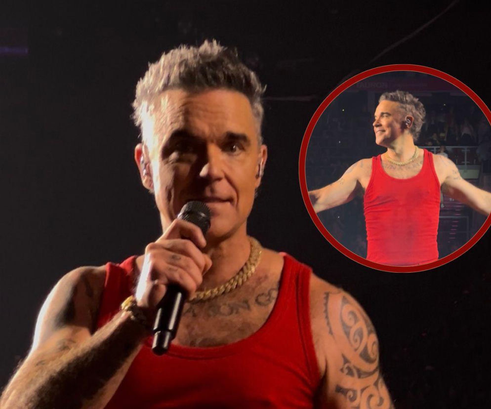 Robbie Williams w czerwonej koszulce trzyma mikrofon. Na miniaturze obok artysta na scenie. O festiwalu przeczytasz w Eska.
