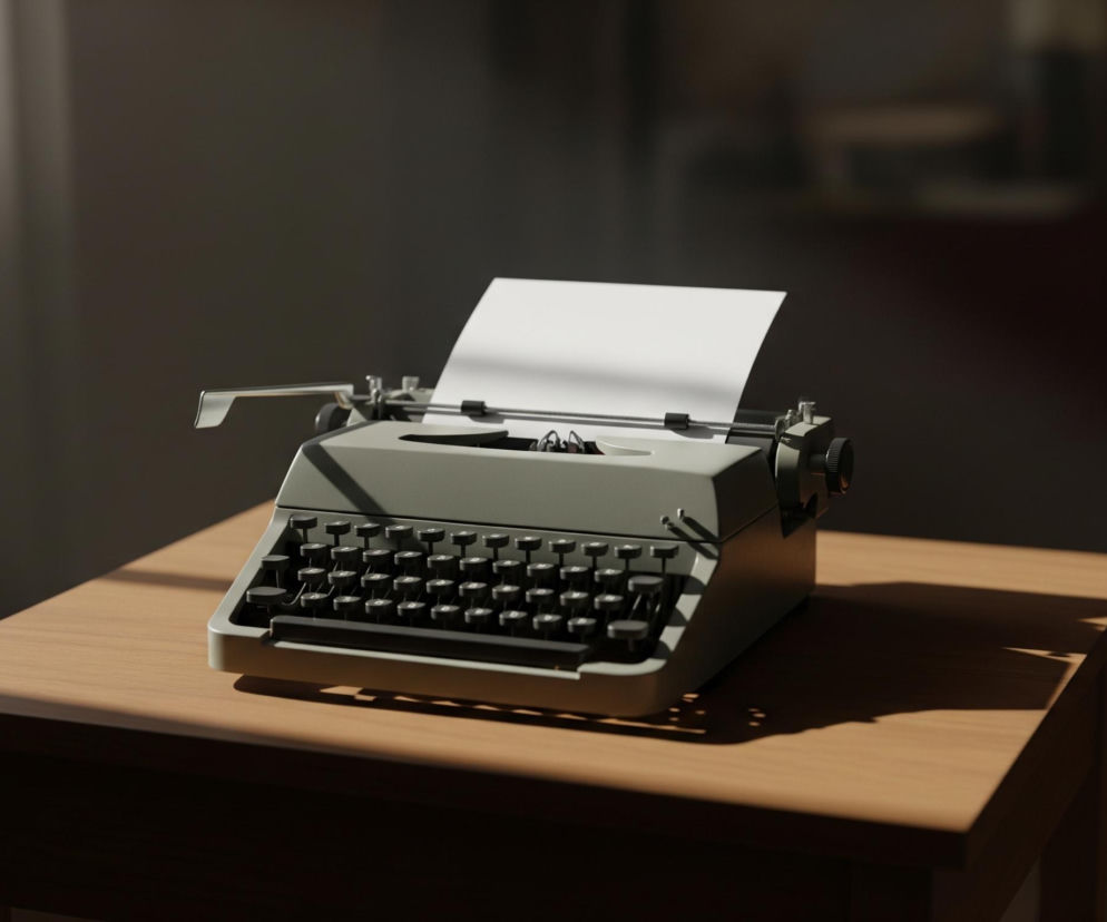 Na drewnianym stole stoi szara maszyna do pisania z czarnymi klawiszami i białą, czystą kartką papieru wystającą z wałka. Prawa strona maszyny jest częściowo oświetlona ciepłym, bocznym światłem, rzucającym długi cień na stół i w głąb pomieszczenia. W tle, po lewej stronie, widać jasne światło przechodzące przez zasłonę lub firankę przy oknie, tworząc pionowe pasy światła na ścianie. Prawa część tła jest ciemna i rozmazana.