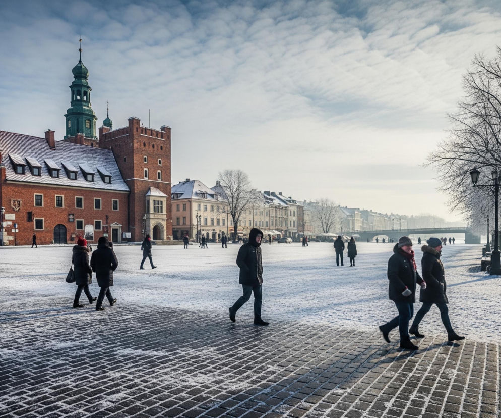 Szerokie ujęcie ukazuje miejski plac w zimowej scenerii, pokryty częściowo śniegiem, z wyraźnymi śladami butów na ciemnej, kostkowej nawierzchni. Po lewej stronie dominuje duży, ceglany budynek z czerwonawym dachem pokrytym śniegiem i wysoką wieżą zwieńczoną zieloną kopułą. Po prawej stronie, na tle jasnego, zachmurzonego nieba, stoi duże, nagie drzewo o rozłożystych gałęziach. W tle widoczny jest most i zamarznięta rzeka, a także rząd niższych, starych budynków. Kilka osób w zimowych ubraniach przechodzi przez plac, tworząc dynamiczną scenę.