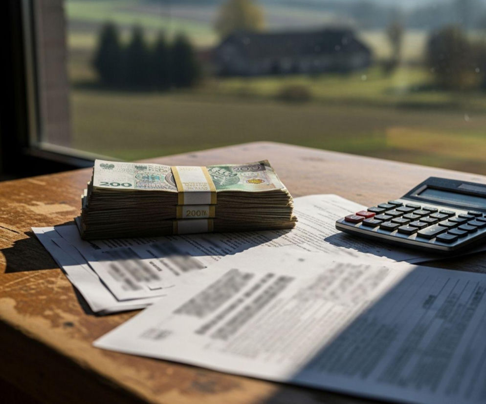 Stos banknotów 200 zł przewiązanych opaskami, dokumenty oraz kalkulator leżące na drewnianym stole przy oknie z widokiem na wiejski krajobraz. Zdjęcie symbolizuje dotacje i ułatwienia dla małych gospodarstw rolnych, o których przeczytasz na Super Biznes.