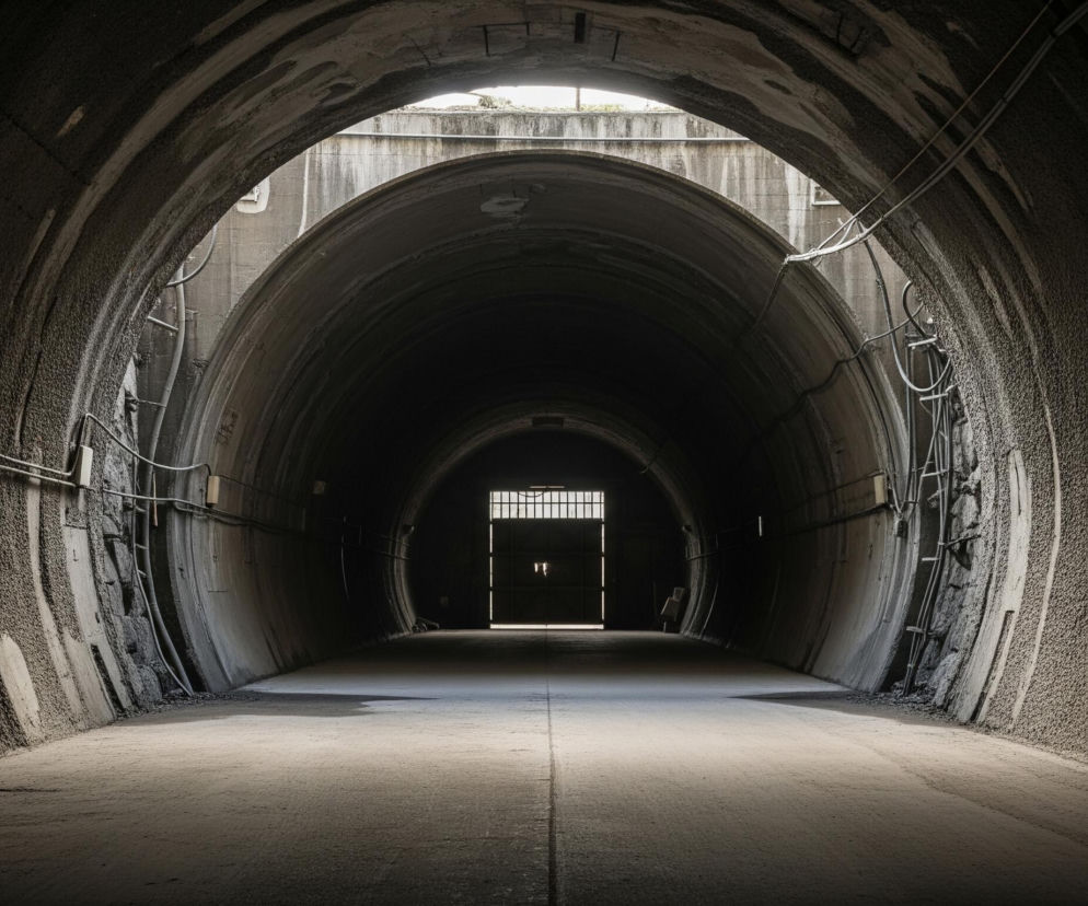 Głęboki, szary tunel o łukowatym sklepieniu, wykonany z szorstkiego betonu, rozciąga się w głąb obrazu. Na końcu tunelu widoczne są dwuskrzydłowe, metalowe wrota z kratą w górnej części, przez którą wpada jasne światło z zewnątrz. Na bocznych ścianach tunelu biegną rury i kable, a na prawej ścianie widoczne są drabiny lub metalowe konstrukcje. Górna część wejścia do tunelu odsłania fragment zewnętrznego muru i niewielki skrawek jasnego nieba.