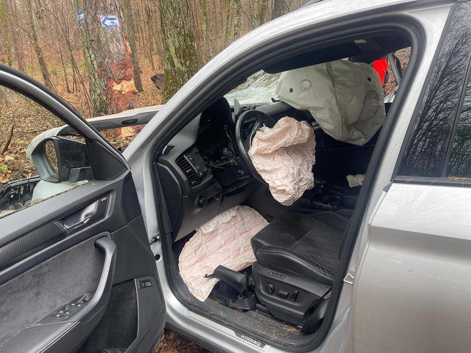 Skoda z dwiema osobami w środku uderzyła w drzewo. 4-letnie dziecko trafiło do szpitala