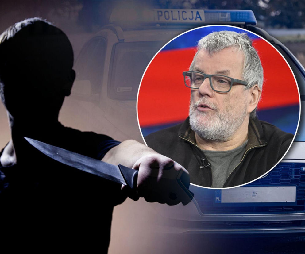 Sylwetka napastnika z nożem na tle radiowozu. Na miniaturze ekspert Piotr Niemczyk. O bezpieczeństwie pisze Eska Poznań.