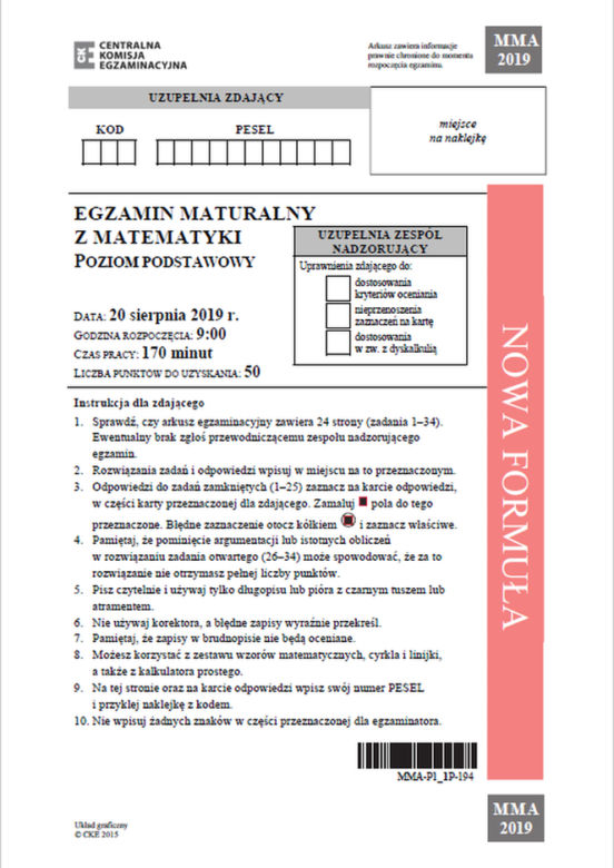 Matura poprawkowa 2019 - MATEMATYKA [ARKUSZE CKE, ZADANIA, ODPOWIEDZI]
