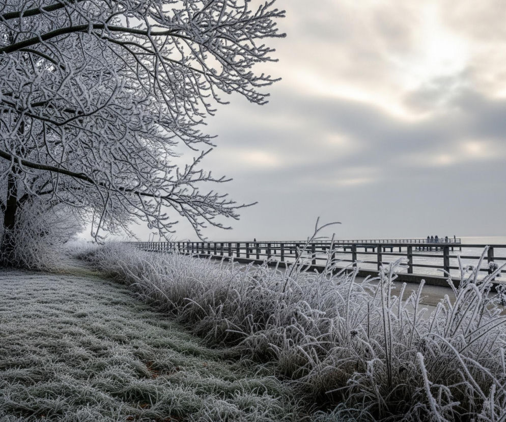 Lewą stronę obrazu zdominowało drzewo o gęstych, nagich gałęziach pokrytych grubą warstwą szronu, tworzącą delikatne, białe sploty. Szron pokrywa również trawę u podnóża drzewa i dalej wzdłuż brzegu, gdzie wysokie kępy roślinności są również oszronione, tworząc mroźny krajobraz. Ścieżka prowadzi wzdłuż brzegu, a po prawej stronie idzie samotna osoba w zimowej kurtce z futrzanym kapturem i plecakiem, patrząca w stronę długiego molo rozciągającego się w głąb spokojnej wody pod szarym, zachmurzonym niebem.
