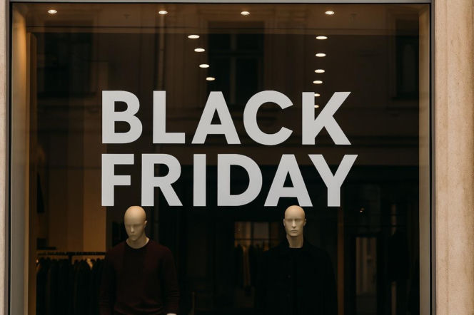 Szyld BLACK FRIDAY na witrynie sklepu odzieżowego, za którym stoją dwa manekiny prezentujące męskie ubrania. Odzież w tle wskazuje na promocje podczas Black Friday, o których więcej przeczytasz na Super Biznes.