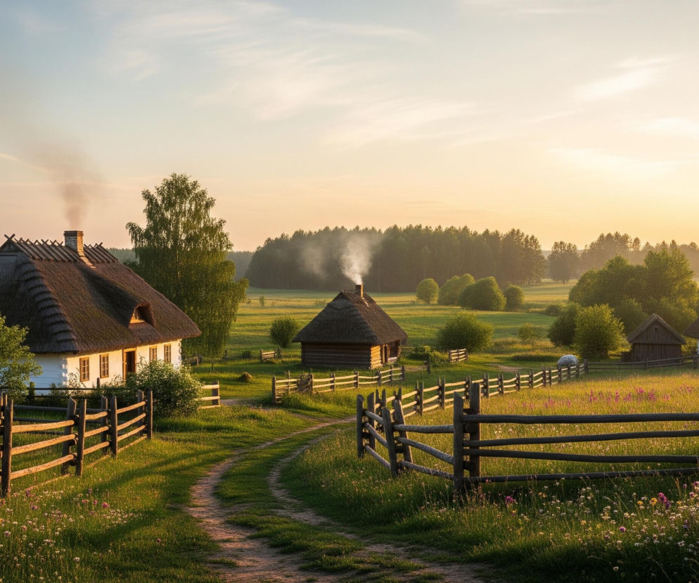 Polna droga, oświetlona ciepłym, złotym światłem, wije się przez zieloną, kwitnącą łąkę, prowadząc w stronę zagrody. Po lewej stronie dominuje duży, biały dom z dachem krytym strzechą, z którego komina unosi się smug dymu, a pośrodku stoi mniejszy, drewniany budynek, również ze strzechą i dymem wydobywającym się z komina. Cały krajobraz jest otoczony drewnianymi płotami, a w tle widać rozległy las i bladożółto-błękitne niebo, świadczące o wschodzie lub zachodzie słońca.