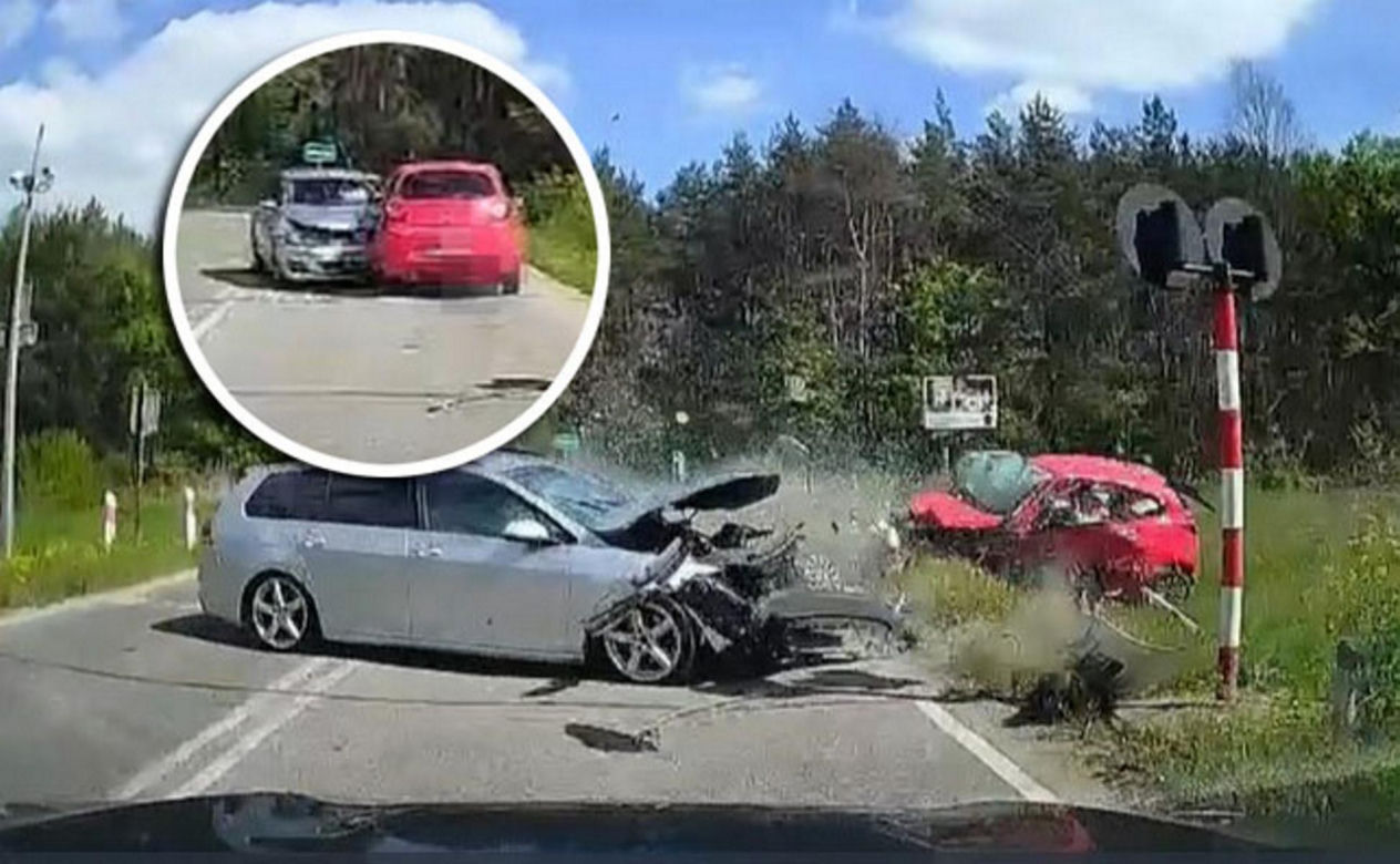 Policjanci ujawnili dramatyczne nagranie. Zderzenie trzech aut na przejeździe kolejowym