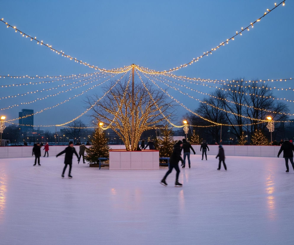 W centrum kadru rozciąga się lodowisko, na którym jeździ kilkanaście osób ubranych w ciemne, zimowe stroje. Nad lodowiskiem, na niebieskim wieczornym niebie, rozpięte są liczne girlandy jasnych lampek, tworząc świetlisty baldachim. Pośrodku lodowiska stoi okazałe drzewo bez liści, gęsto owinięte świecącymi lampkami, a wokół niego rozmieszczone są mniejsze, również oświetlone choinki. W tle widać zarysy miejskich wieżowców i drzew, częściowo przesłoniętych przez migoczące światła.