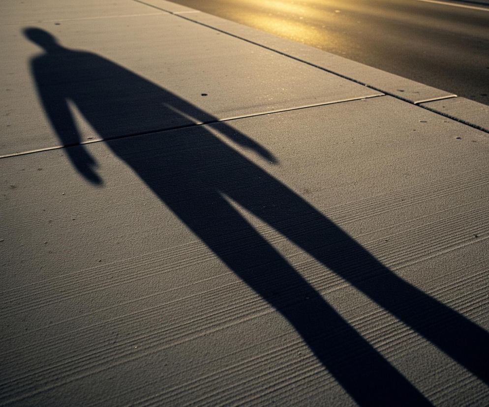 Na betonowym chodniku rozciąga się długi, ciemny cień ludzkiej sylwetki, dominując kompozycję. Cień o niewyraźnych konturach przedstawia postać z rozłożonymi rękoma, skierowaną w stronę górnego prawego rogu. Chodnik składa się z prostokątnych płyt o szarej barwie, z widocznymi poziomymi rowkami na powierzchniach. Po lewej stronie chodnika znajduje się metalowa barierka, a po prawej widać ciemną nawierzchnię drogi, która w górnej części jest oświetlona jasnym, żółto-pomarańczowym światłem.