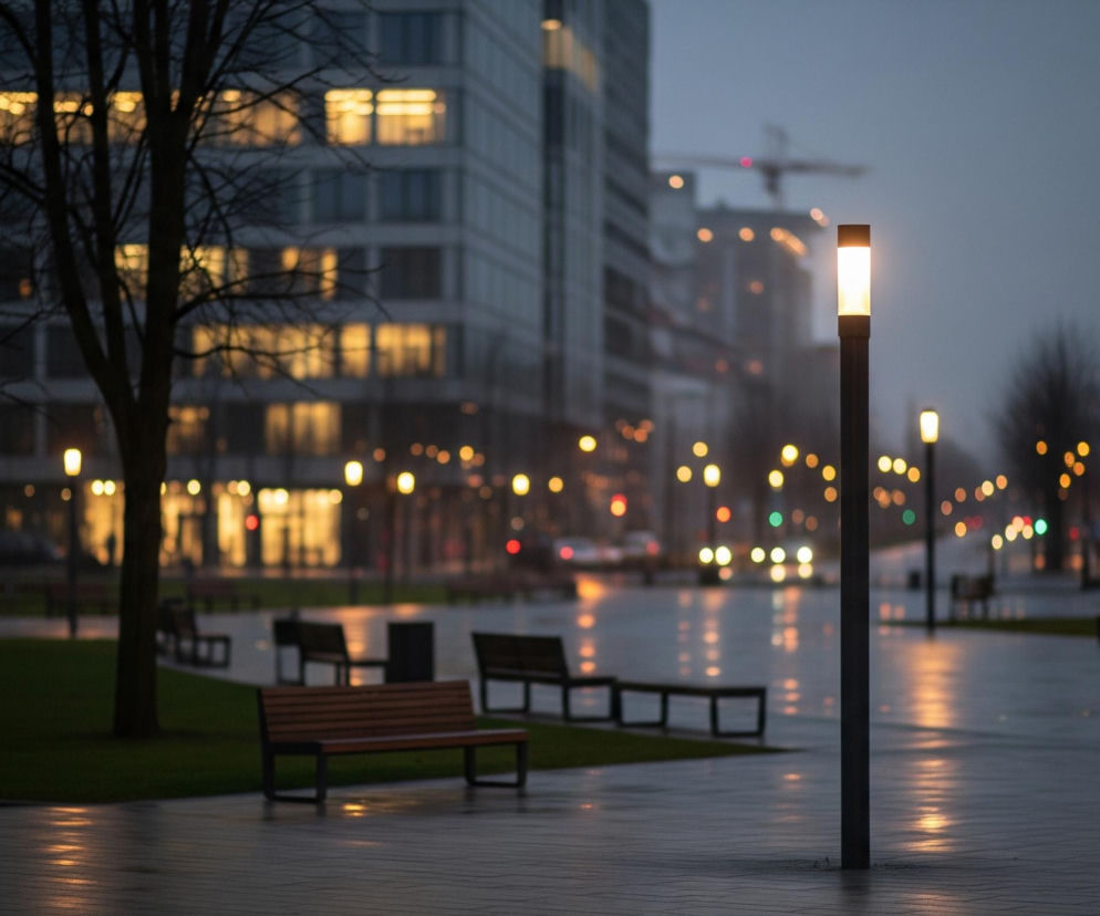 Na pierwszym planie, z prawej strony, stoi wysoka, czarna latarnia miejska ze świecącym na żółto-biało górnym segmentem, oświetlając mokrą nawierzchnię chodnika. Chodnik wykonany jest z ciemnych, podłużnych paneli, na których odbijają się pomarańczowe światła z oddali oraz jasne odbicie latarni, tworząc smugi na mokrej powierzchni. Po lewej stronie chodnika znajduje się zielony trawnik z kilkoma drzewami o ciemnych, bezlistnych gałęziach.

W tle, za trawnikiem, widoczne są brązowe ławki parkowe z metalowymi podstawami oraz, dalej w głębi, rozmyte kontury budynków, z których niektóre okna emitują ciepłe, żółte światło. Na tle szarego, zachmurzonego nieba, z prawej strony zdjęcia, widać zarys wysokiego budynku, a nieco bliżej centrum, w oddali, majaczy sylwetka dźwigu budowlanego. Całość obrazu utrzymana jest w chłodnej kolorystyce niebiesko-szarego nieba i ziemi, kontrastującej z ciepłymi barwami świateł.