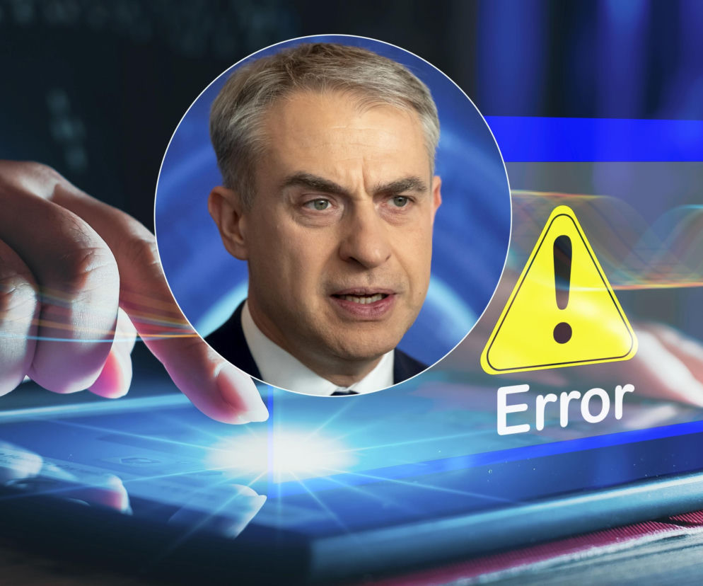 Palec osoby dotykający ekranu z błędem. Na miniaturze minister Krzysztof Gawkowski. O atakach przeczytasz na SE Superbiz.