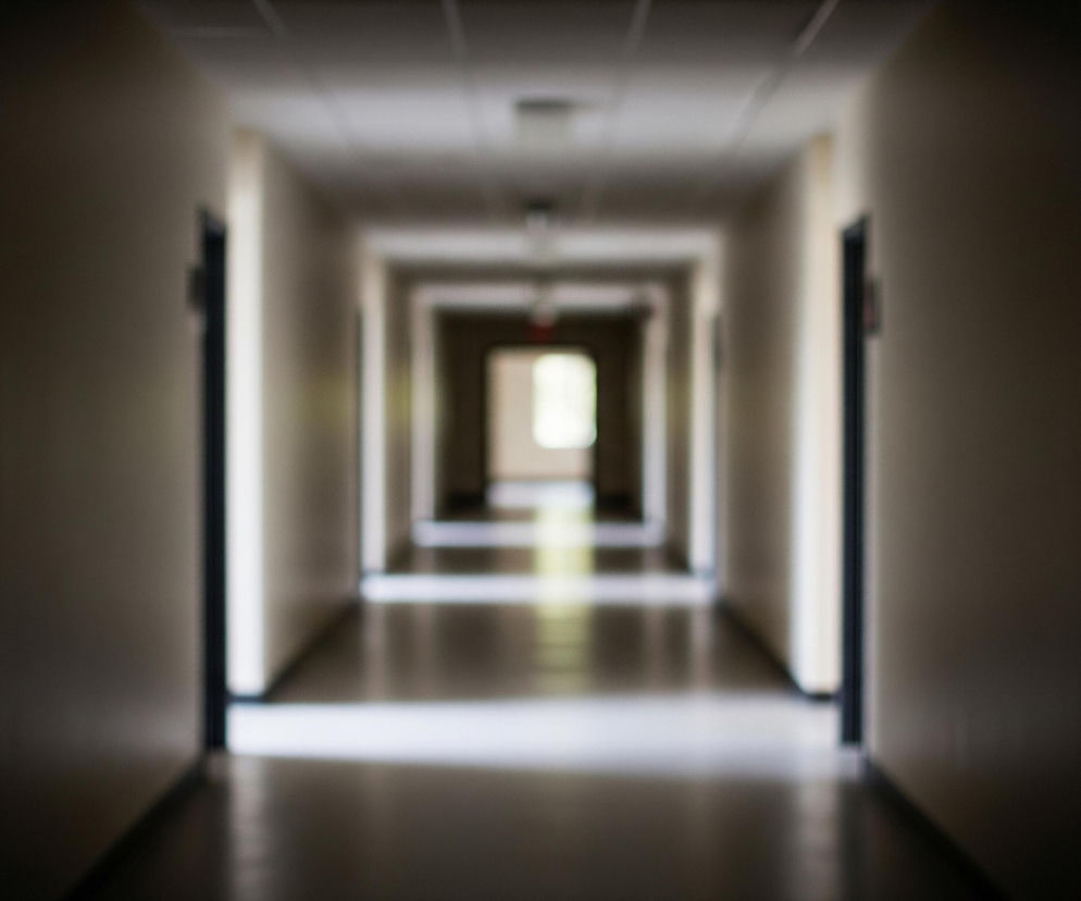 Długi korytarz rozciąga się w głąb obrazu, przedstawiony z perspektywy centralnej, z ciemnymi obszarami po bokach i na dole, przechodzącymi w jaśniejsze barwy w centrum. Sufit z widocznymi kratownicami oraz ściany w odcieniach szarości i beżu tworzą tunel, który zwęża się w oddali. Na obu ścianach widać zarysy kilku drzwi, z których najbliższe są ciemne i niewyraźne, a światło wpadające z głębi korytarza rozjaśnia podłogę i dalsze fragmenty ścian.