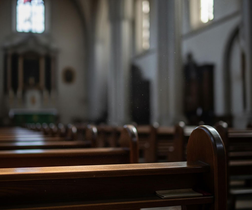 Pierwszy plan wypełniają rzędy drewnianych, brązowych ławek z widocznym, połyskującym blaskiem światła na ich powierzchniach. Na prawej ławce, w dolnej części obrazu, leży otwarte lub złożone na pół białe pismo. W tle rozciąga się przestronne wnętrze kościoła z wysokimi, jasnymi filarami i oknami, z których jedno, z widocznym witrażem, jest źródłem padającego światła. W promieniach światła unoszą się drobne, jasne cząsteczki pyłu, nadając scenie eteryczny nastrój.