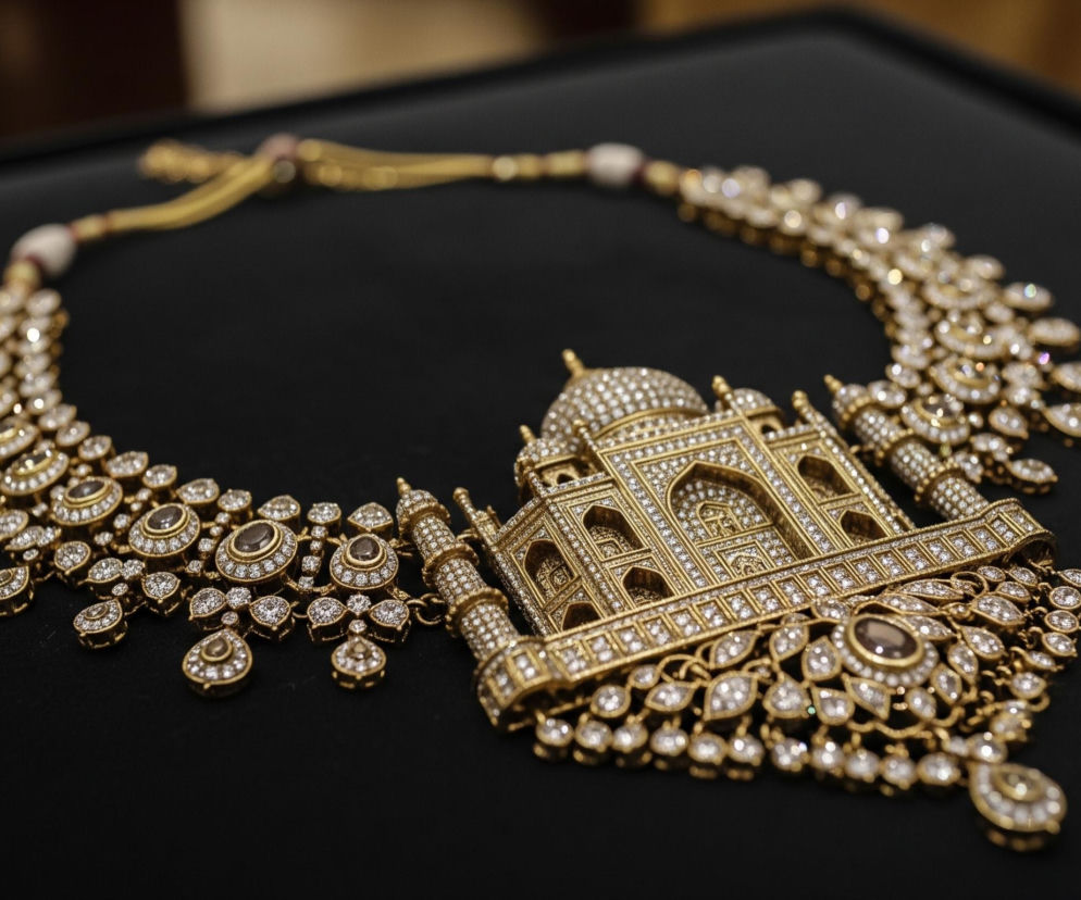 Na czarnym, matowym tle leży misternie zdobiony naszyjnik ze złota i diamentów, przypominający kształtem świątynię lub pałac. Centralny element stanowi miniatura budynku z kopułą i czterema minaretami, pokryta gęsto małymi, okrągłymi diamentami. Od tego elementu odchodzą dwie symetryczne części naszyjnika, składające się z połączonych ze sobą elementów w kształcie liści i kropli, również wysadzanych diamentami, z kilkoma większymi, owalnymi, brązowymi kamieniami osadzonymi w centralnej części. Całość tworzy lśniący, bogato zdobiony przedmiot biżuteryjny, rozświetlony przez padające na niego światło.