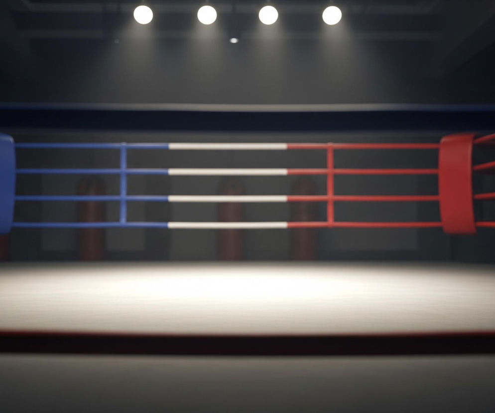 Oświetlony ring bokserski znajduje się w centrum kadru, z widocznym podłogą w jasnym odcieniu szarości. Liny ringu są niebieskie po lewej stronie i czerwone po prawej, przedzielone białymi sekcjami. Cztery jasne reflektory umieszczone są wzdłuż górnej krawędzi obrazu, rzucając światło na ring poniżej. Całe tło poza ringiem jest ciemne, prawie czarne, co potęguje efekt skupienia uwagi na ringu.