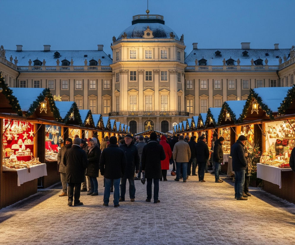 Centralnym punktem obrazu jest oświetlony plac, pokryty cienką warstwą śniegu, na którym odbywa się jarmark z budkami po obu stronach. Na dalszym planie wznosi się duży, klasycystyczny budynek z kopułą, którego szary dach również pokrywa śnieg, a fasada jest jasno oświetlona ciepłym światłem. Budki jarmarczne, udekorowane zielonymi girlandami, małymi światełkami i ozdobnymi lampionami, oferują różnorodne świąteczne przedmioty, w tym błyszczące bombki, zawieszki i inne dekoracje. Między budkami poruszają się liczni ludzie, ubrani w zimowe kurtki i płaszcze, tworząc ruchliwą scenę w otoczeniu zmierzchu i niebieskiego nieba.