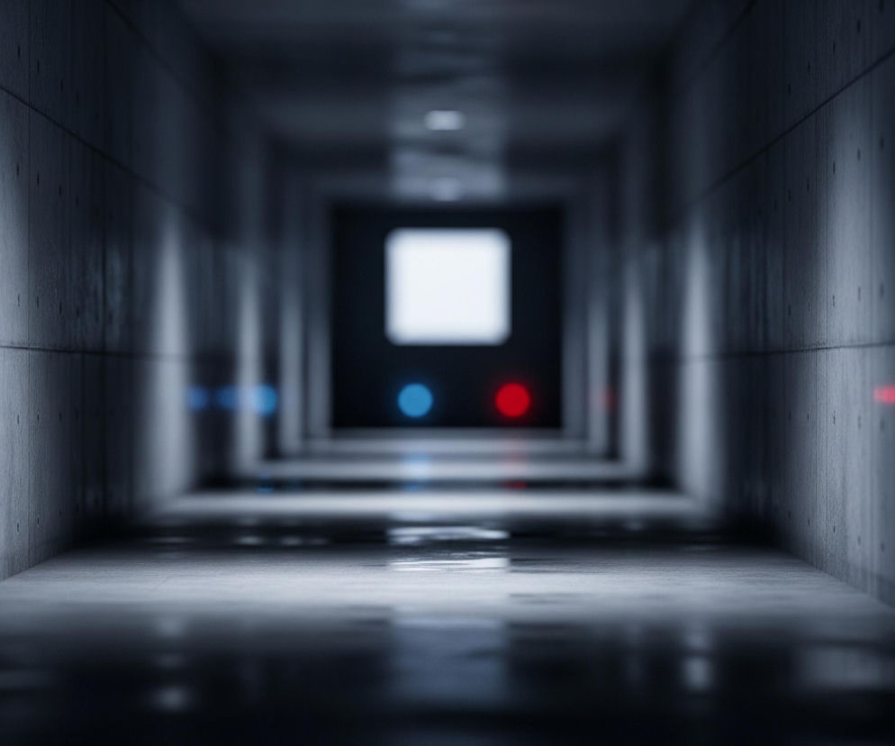 Długi, ciemny korytarz z betonu rozciąga się w głąb obrazu, zwężając się perspektywicznie ku jasnemu, prostokątnemu otworowi na końcu. Ściany boczne mają widoczną teksturę paneli lub płyt z licznymi, drobnymi otworami, a ich powierzchnia odbija subtelne, niebieskawe i czerwone światła widoczne w oddali. Podłoga korytarza jest mokra i refleksyjna, co potęguje wrażenie głębi i odbija światło z góry oraz barwne punkty świetlne z oddali. Na końcu korytarza, pod jasnym prostokątnym przejściem, znajdują się dwa okrągłe, rozmyte źródła światła: jedno niebieskie po lewej i jedno czerwone po prawej.