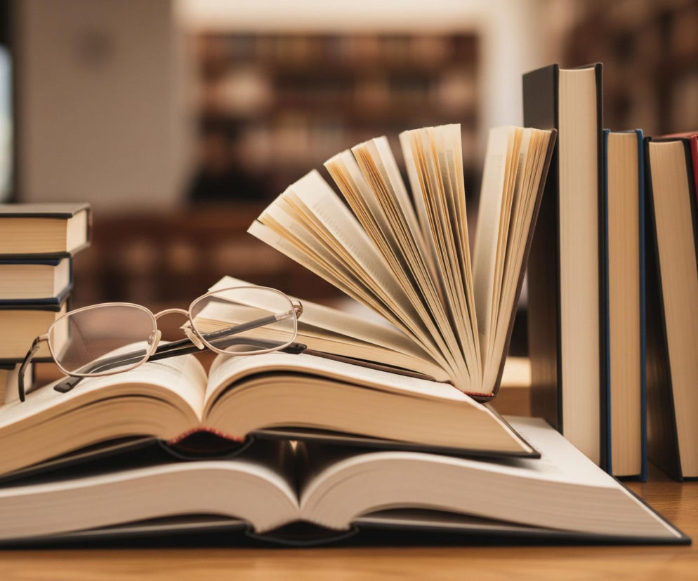 Na pierwszym planie, na drewnianym blacie, leży stos książek. Po lewej stronie widoczny jest pionowy stos sześciu zamkniętych książek z jasnymi stronami i ciemnymi grzbietami. Na środku, trzy otwarte książki są ułożone jedna na drugiej, z rozsuniętymi stronami, a na wierzchniej parze spoczywają okulary w złotej oprawie. Po prawej stronie, pionowo stoi rząd sześciu zamkniętych książek z różnokolorowymi grzbietami, w tym czarnym, niebieskim, czerwonym i zielonym. Tło jest rozmyte, ukazując regały z książkami.