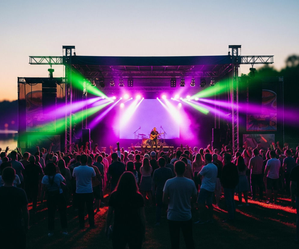 Tłum ludzi ogląda koncert plenerowy o zmierzchu. Na scenie, oświetlonej fioletowymi i zielonymi promieniami reflektorów, stoi muzyk grający na gitarze, otoczony sprzętem nagłośnieniowym i perkusją. Publiczność, złożona z wielu osób, w większości odwrócona tyłem do obserwatora, podnosi ręce w górę, reagując na występ. Scena jest konstrukcją z kratownic metalowych, a w tle widać ciemną linię lasu i spokojną taflę wody, odbijającą subtelne pomarańczowe światło zachodzącego słońca.