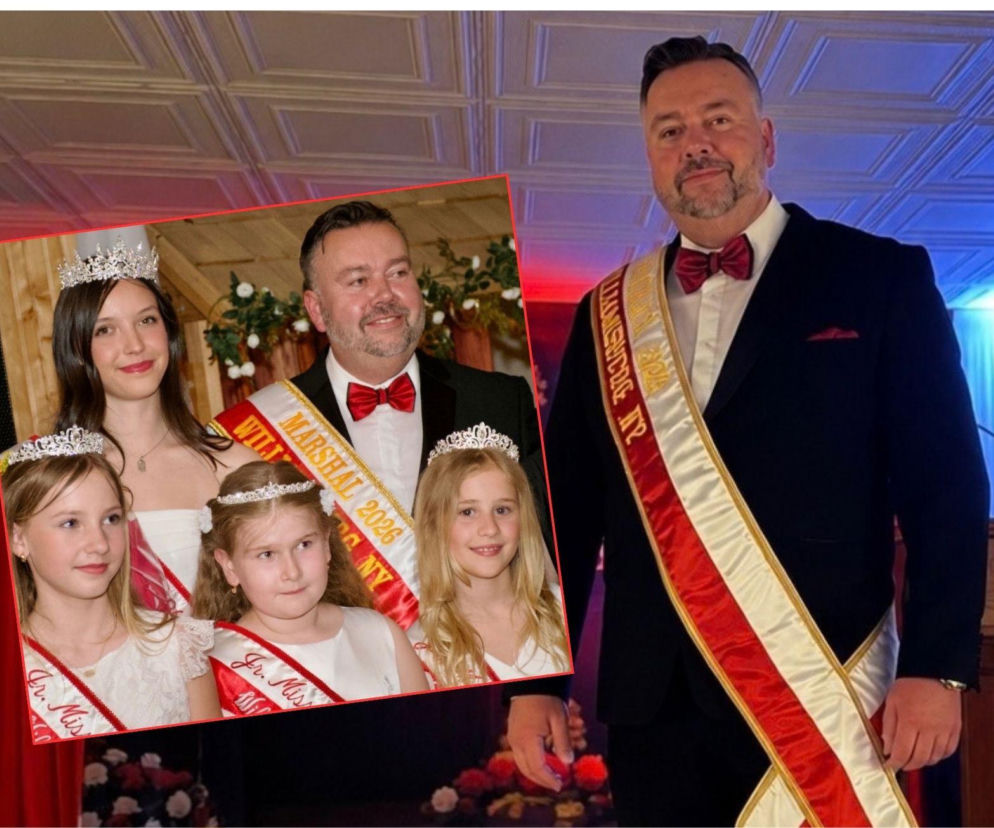 Bogdan Wawrzaszek, Marszałek Williamsburga 2026. Obok miniatura z Miss i Junior Miss. O Paradzie przeczytasz na SE USA.