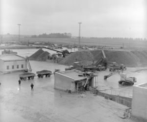 Łapy. Teren cukrowni: hałdy buraków cukrowych, traktory z przyczepami z burakami cukrowymi, 1974 r.