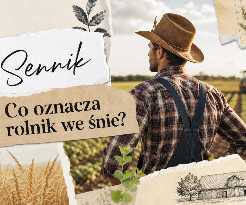 Rolnik w kapeluszu patrzący na pole. Obok miniatury z kłosami i grafiką farmy. O senniku przeczytasz na SE.