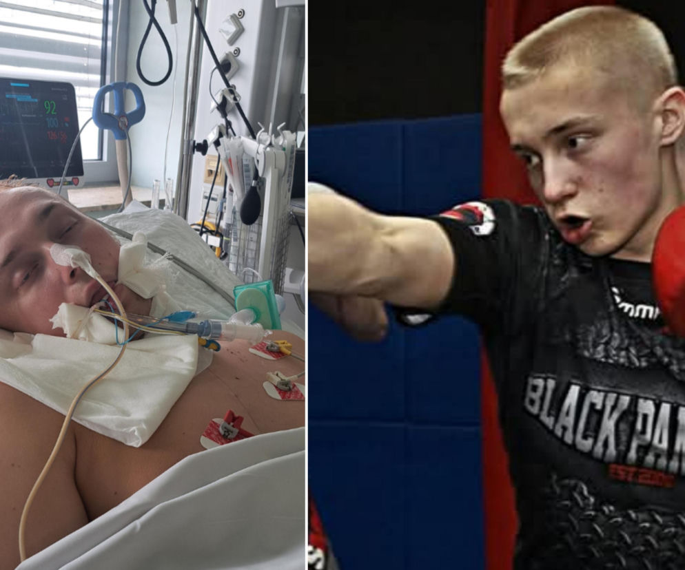 25-letni Hubert, po lewej stronie podłączony do aparatury medycznej w szpitalu, po prawej trenujący boks. Trwa dramatyczna walka o zdrowie młodego mężczyzny, o której możesz przeczytać więcej na naszym portalu.