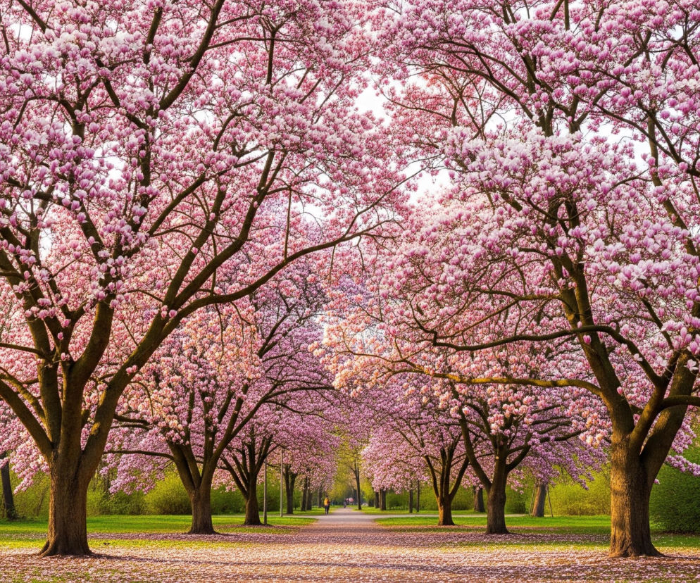 Aleja obsadzona jest po obu stronach rozłożystymi drzewami, gęsto pokrytymi różowymi kwiatami magnolii, tworząc różowy tunel. Korony drzew zajmują górną część obrazu, tworząc baldachim w odcieniach różu i bieli. Na pierwszym planie, u podstawy pni, rozciąga się trawiasta powierzchnia o intensywnie zielonym kolorze, pokryta licznymi opadłymi, różowymi płatkami. W oddali widać ścieżkę prowadzącą przez aleję, po której kroczy niewielka, niewyraźna postać.