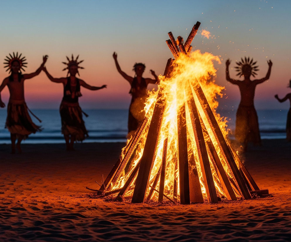 Duże ognisko o jasnych, pomarańczowo-żółtych płomieniach stoi na piaszczystej plaży. Płonące polana ułożone są stożkowo, a drobne iskry wzbijają się w powietrze nad ogniskiem. W tle, w oddali, znajduje się grupa dziewięciu rozmytych sylwetek ludzi, ustawionych w półkolu za ogniskiem, z widocznym morzem za nimi. Niebo w tle ma gradient kolorów, przechodzący od głębokiego błękitu na górze do pomarańczowo-różowego odcienia tuż nad horyzontem.