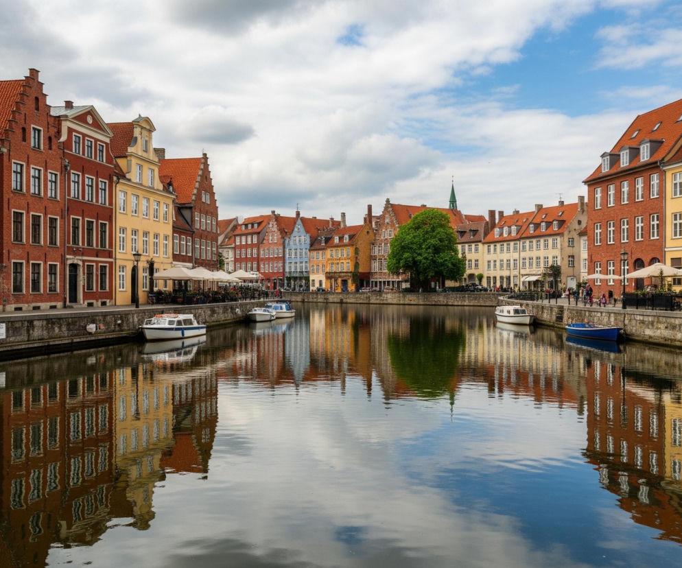 Kanał płynie przez centrum miasta, z kolorowymi budynkami po obu stronach. Woda odbija fasady kamienic i zachmurzone niebo. Przy brzegu zacumowane są biało-niebieskie łodzie. Budynki charakteryzują się spadzistymi, czerwonymi dachami i licznymi białymi oknami, a ich ściany mają odcienie ceglastej czerwieni, żółci, beżu i błękitu. Na nabrzeżach znajdują się również stoliki kawiarniane pod białymi parasolami oraz drzewa o zielonych koronach.