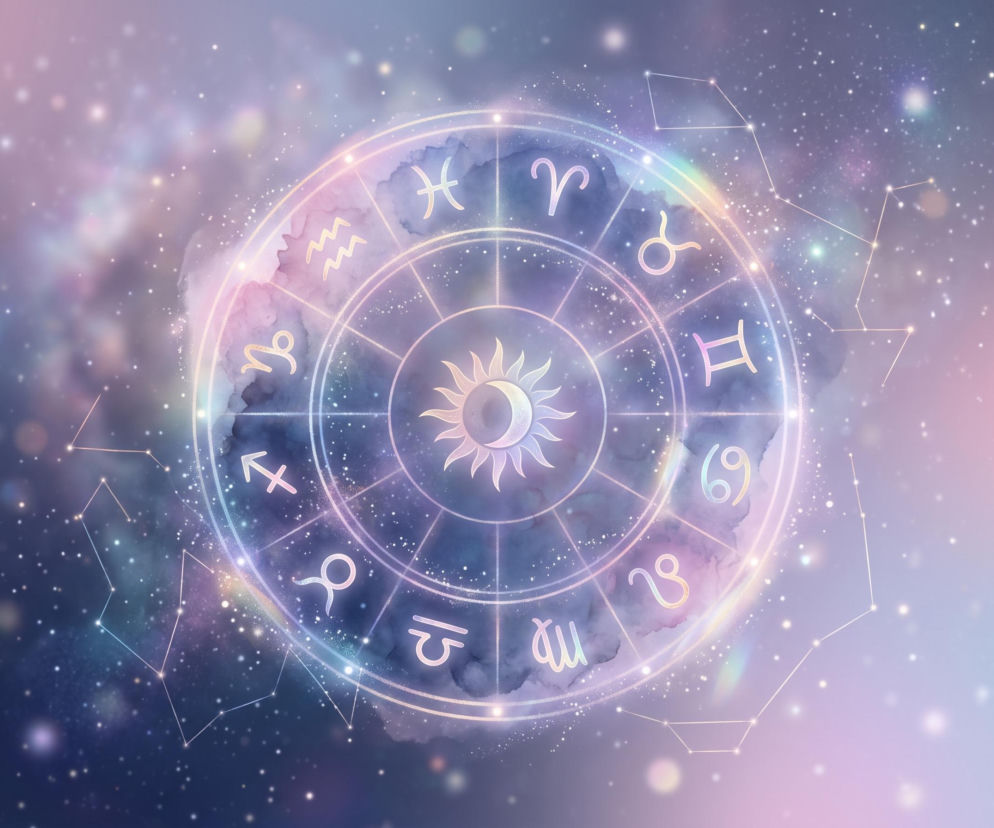 Koło zodiaku z symbolem słońca w centrum na tle gwieździstego kosmosu. O horoskopie na dziś przeczytasz na VOX FM.