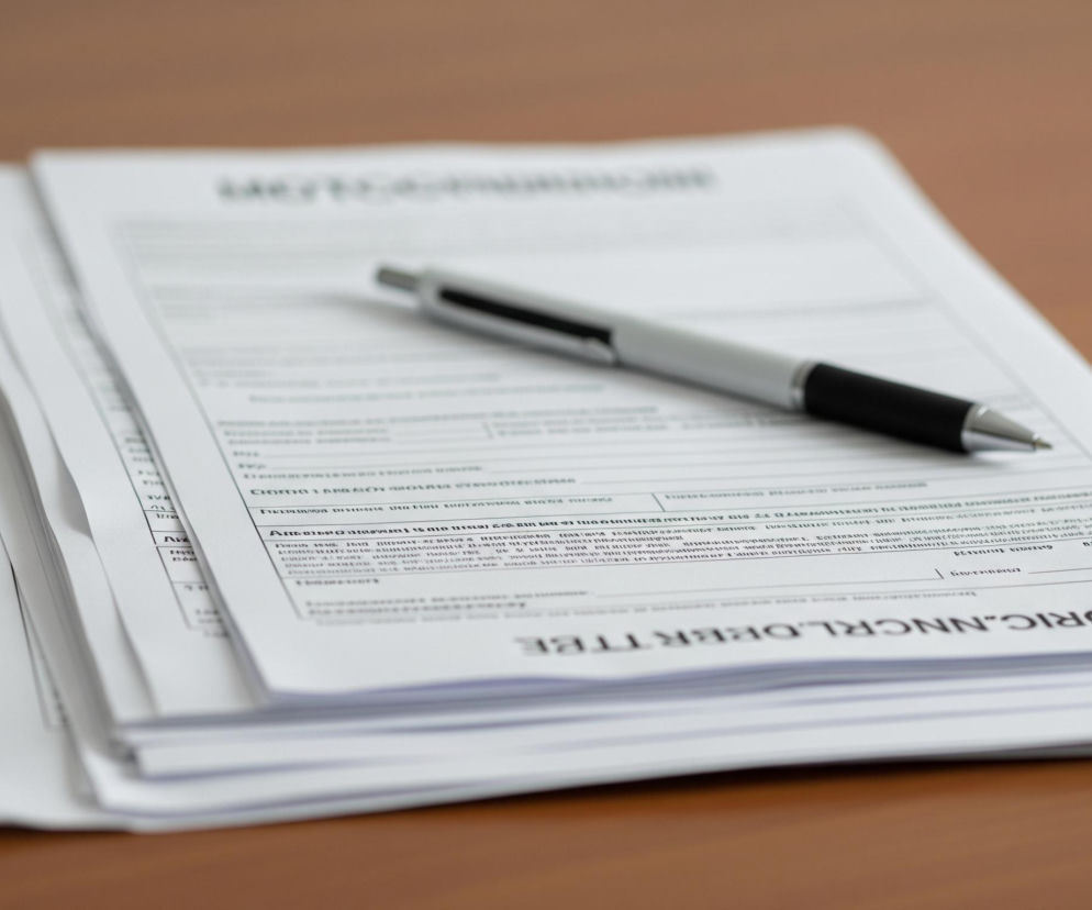 Na drewnianym, brązowym blacie leży stos białych dokumentów. Na wierzchu sterty dokumentów umieszczony jest długopis w kolorze srebrno-czarnym, leżący poziomo z końcówką skierowaną w prawą stronę. Dokumenty pokryte są niewyraźnym, szarym tekstem i liniami, sugerującymi formularze lub druki urzędowe. Kolory na zdjęciu są stonowane, dominują odcienie bieli, szarości i brązu.