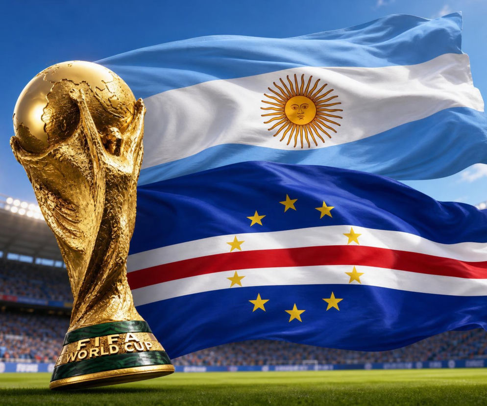 Złoty Puchar Świata na tle flag Argentyny i Wysp Zielonego Przylądka. O Mundialu 2026 przeczytasz na SE Supersport.