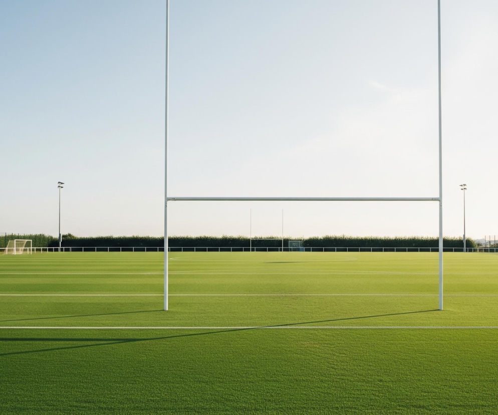 Na środku boiska z zieloną, sztuczną trawą widoczne są białe słupki bramki do rugby w kształcie litery H. Na pierwszym planie widać trawę z białymi liniami, rzucającą długie cienie od słupków. W tle po bokach stoją maszty oświetleniowe z kilkoma reflektorami, a za nimi rozciąga się rządek niskich krzewów, oddzielający boisko od jasnego nieba.