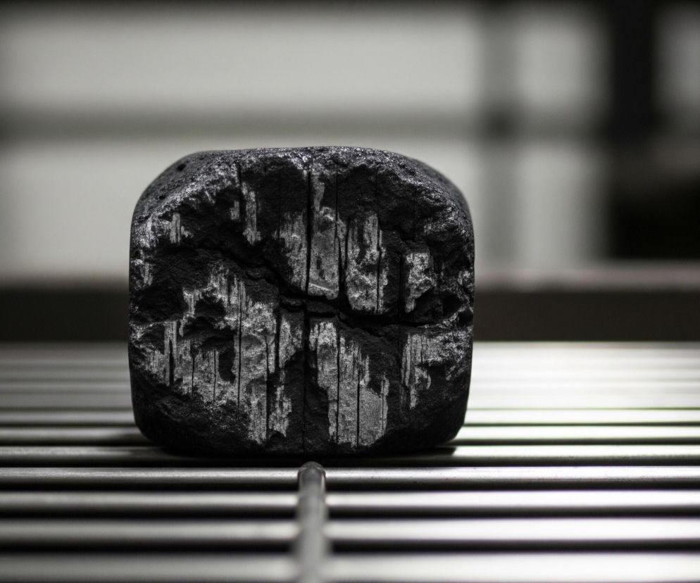 Sześcian węgla kamiennego z widoczną szorstką, popękaną strukturą, leżący na metalowej kratce, symbolizuje spadające wydobycie i sprzedaż węgla w Polsce. Sprawdź, jak wpływa to na gospodarkę na Super Biznes.