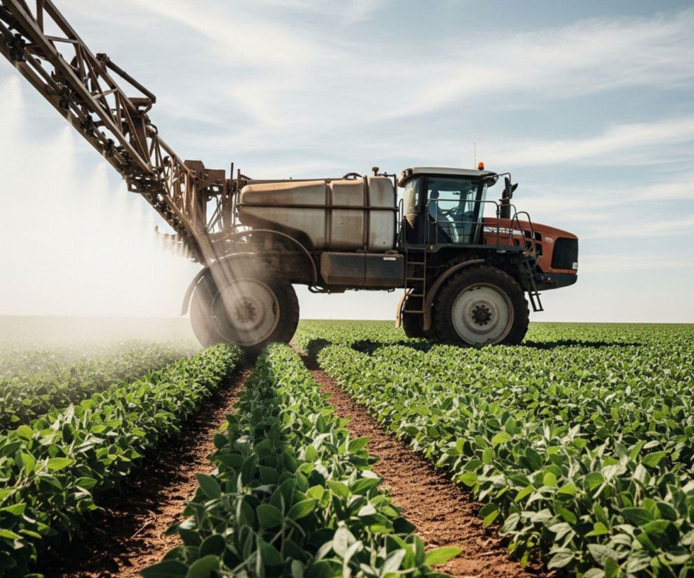 Duży, nowoczesny opryskiwacz polowy na polu intensywnie zielonych upraw, z widoczną smugą rozpylanej substancji. Maszyna pracuje pod błękitnym niebem, symbolizując technologię w rolnictwie i kwestię pestycydów. Więcej o wpływie umów handlowych na branżę przeczytasz na Super Biznes.