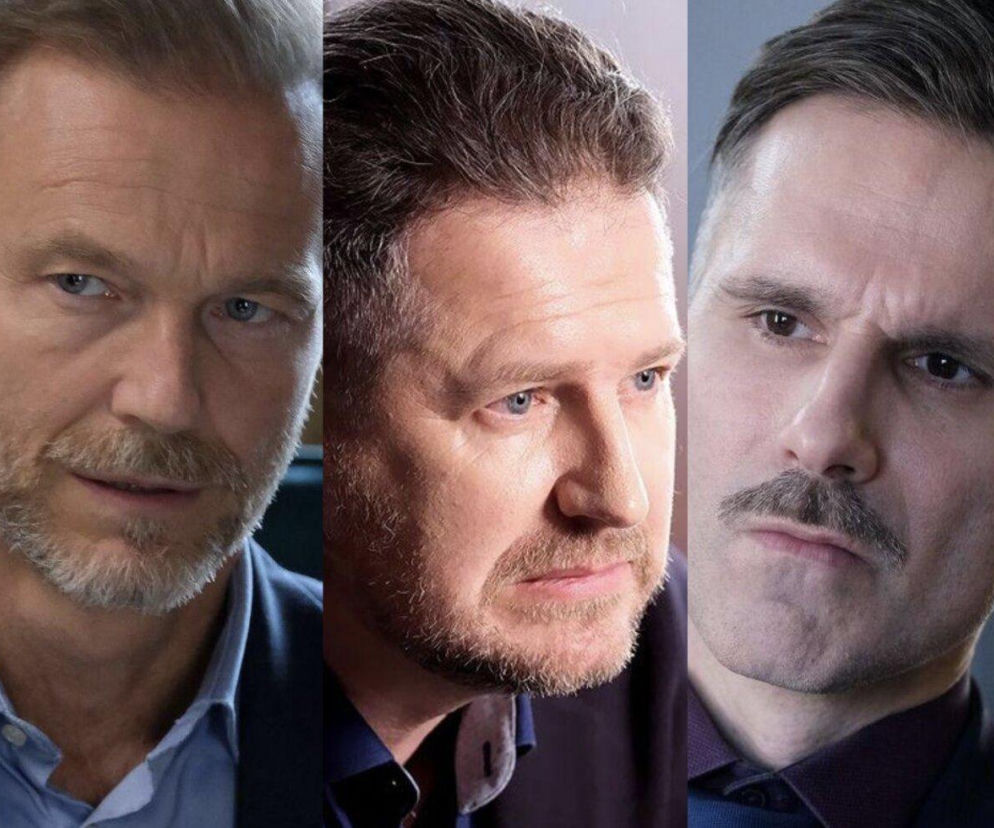 Zestawienie portretów aktorów Krystiana Wieczorka jako Andrzeja Budzyńskiego, Marcina Bosaka jako Kamila Gryca i Marcina Piętowskiego jako Igora Jabłońskiego, patrzących z powagą. Ta grafika, dostępna na stronie Super Seriale, ilustruje nadchodzący konflikt w serialu M jak miłość.