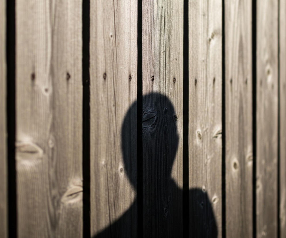 Ciemny, niewyraźny cień głowy i ramion człowieka rzuca się na drewniany płot, dominując w centralnej części kadru. Płot składa się z pionowych, beżowo-brązowych desek o widocznej strukturze drewna i ciemniejszych sękach. Na niektórych deskach pojawiają się jasne pasma światła, tworząc kontrast z zacienionymi obszarami, zwłaszcza po lewej stronie cienia, gdzie deski są jaśniejsze i bardziej oświetlone słońcem, a po prawej deski przechodzą w ciemniejsze odcienie.