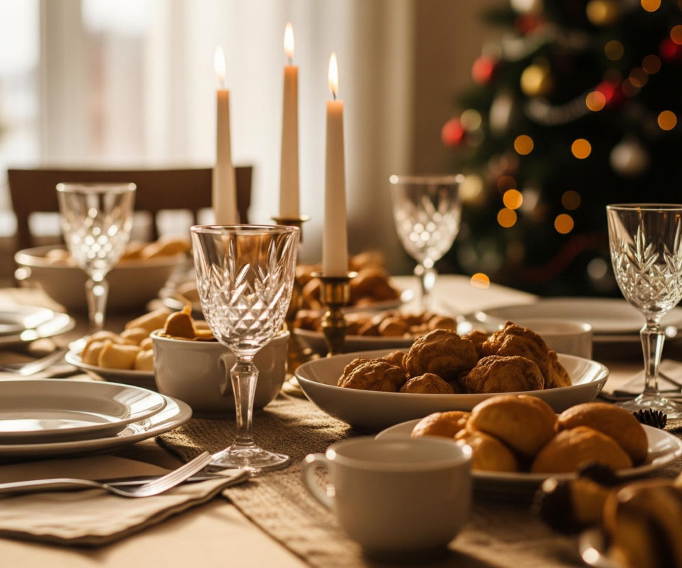 Na pierwszym planie widoczny jest bogato zastawiony stół, pokryty jasnobrązowym obrusem, z rzędami białych talerzy i sztućców ułożonych na beżowych serwetkach. W centrum uwagi znajdują się kryształowe kieliszki oraz misy wypełnione różnorodnymi potrawami, takimi jak brązowe pączki lub kluski oraz pieczywo. W tle, na środku stołu, płoną trzy białe świece w złotych świecznikach, a po prawej stronie widać rozmyte, udekorowane drzewko choinkowe z jaskrawymi, okrągłymi światełkami.