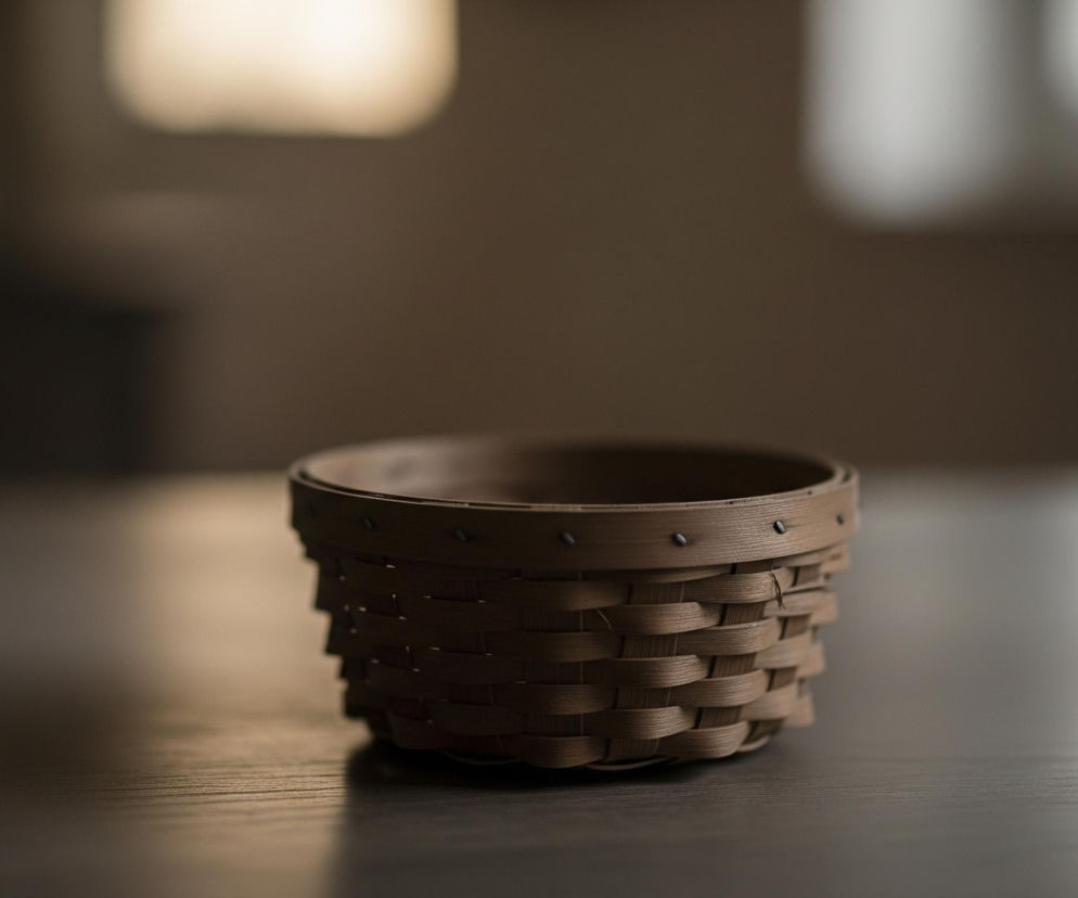 Na drewnianym stole stoi pleciony koszyk w kolorze brązowym, o prostokątnym kształcie i zwężającym się ku dołowi. Koszyk jest ozdobiony niewielkimi, ciemnymi ćwiekami w górnej części. Tło jest rozmyte, z jasnymi plamami światła po lewej i prawej stronie.