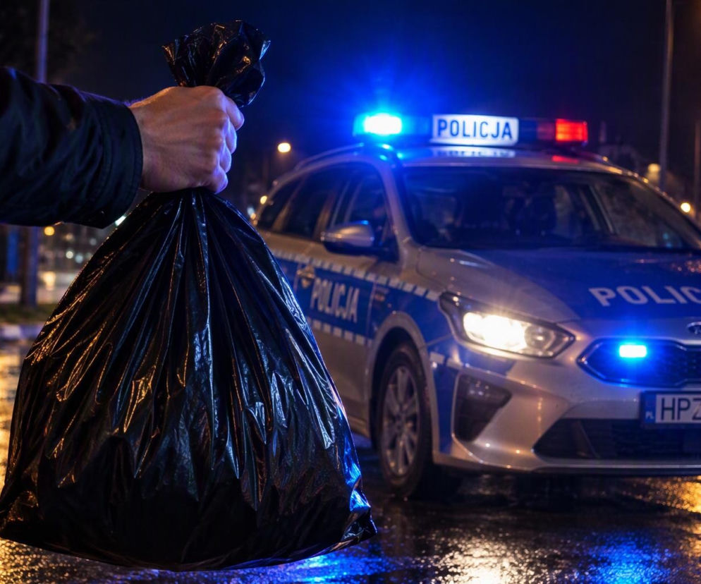 Ręka osoby trzymającej czarny worek na śmieci na tle radiowozu. O mandacie za wezwanie policji przeczytasz na SE.