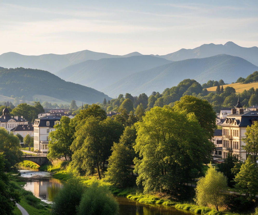 Malowniczy widok przedstawia dolinę rzeki otoczoną bujną roślinnością i zabudowaniami, z tłem pasma górskiego. Pośrodku płynie rzeka o ciemnej, odbijającej światło powierzchni, wzdłuż której biegnie zielona ścieżka. Po obu stronach rzeki wznoszą się wzgórza pokryte gęstymi, zielonymi drzewami, a na ich zboczach widoczne są fragmenty żółtych pól. Na prawym brzegu rzeki, pomiędzy drzewami, stoją liczne budynki o jasnych elewacjach i ciemnych dachach, niektóre z nich posiadają balkony i ozdobne detale. Ponad doliną, w tle, wznoszą się odległe góry o niebieskawo-szarym zabarwieniu, zanikające w jasnym, lekko zamglonym niebie, które zajmuje górną część kadru.