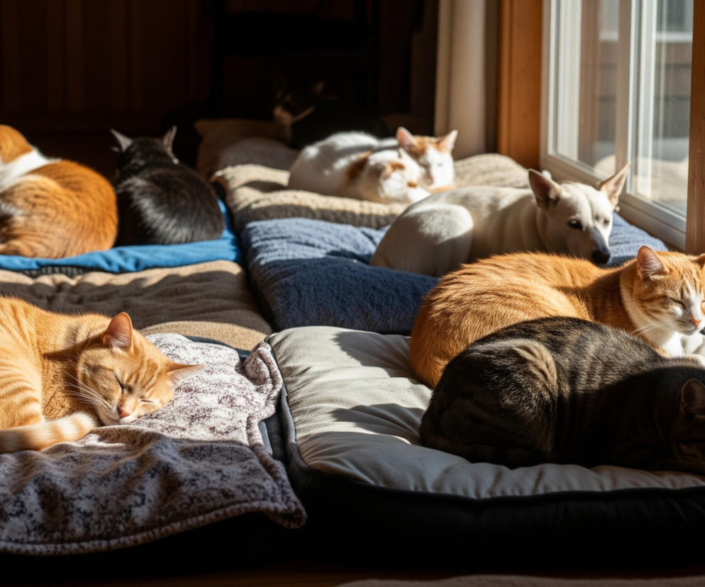 Dziewięć kotów i jeden piesek leżą na posłaniach różnego koloru. Na pierwszym planie, po lewej stronie, jasnopomarańczowy kot z białym pyskiem śpi na szaro-białym, wzorzystym kocu. Obok niego, na prawej stronie, leży szarobury pręgowany kot, również śpiący, na beżowym posłaniu.

Dalej, bliżej okna po prawej stronie, siedzi jasnopomarańczowy kot, a za nim mały biały piesek. Na dalszym planie, w lewym górnym rogu, jasnopomarańczowy kot z białym pyskiem leży na niebieskim posłaniu, a obok niego czarny kot i trzy białe koty z pomarańczowymi łatami zajmują inne posłania. Większość zwierząt jest skąpana w słonecznym blasku wpadającym przez duże okno z białymi ramami i drewnianymi elementami po prawej stronie kadru.