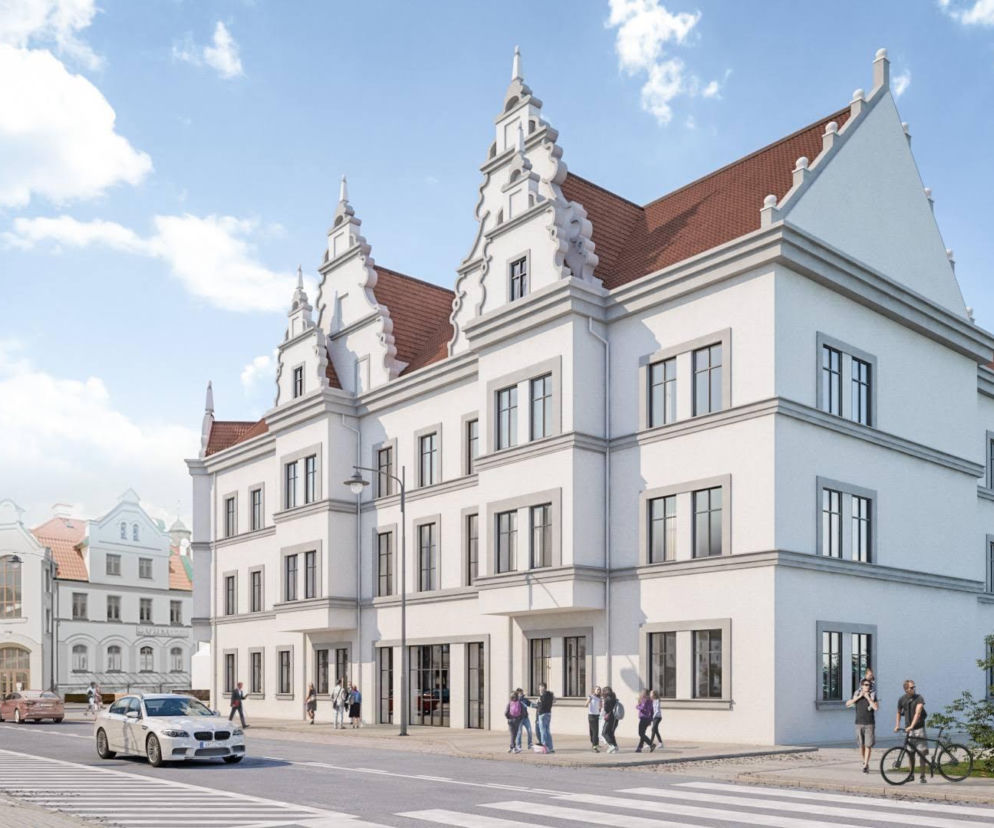 Wizualizacja Piskiego Domu Kultury z białą elewacją. O problemach z inwestycją przeczytasz na portalu Architektura.